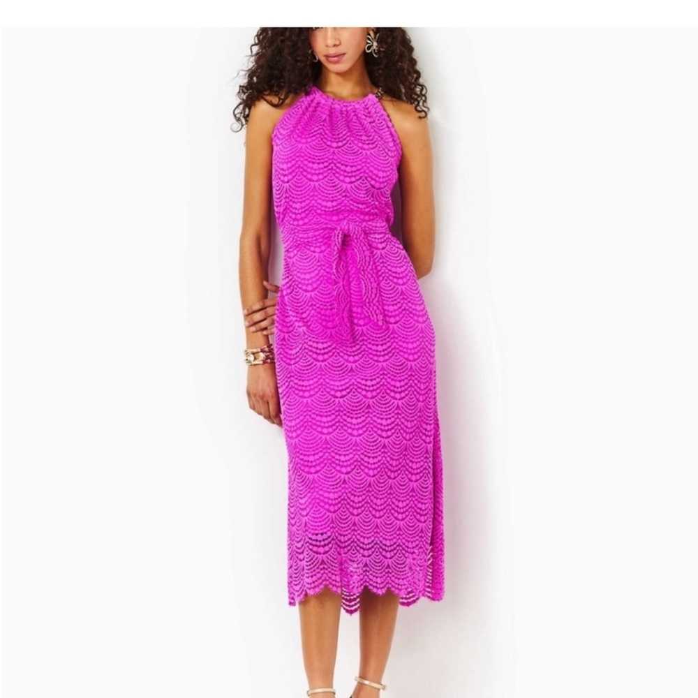 Lilly Pulitzer Bingham Lace Midi Dress sz S fuchsia scallop hem preppy resort